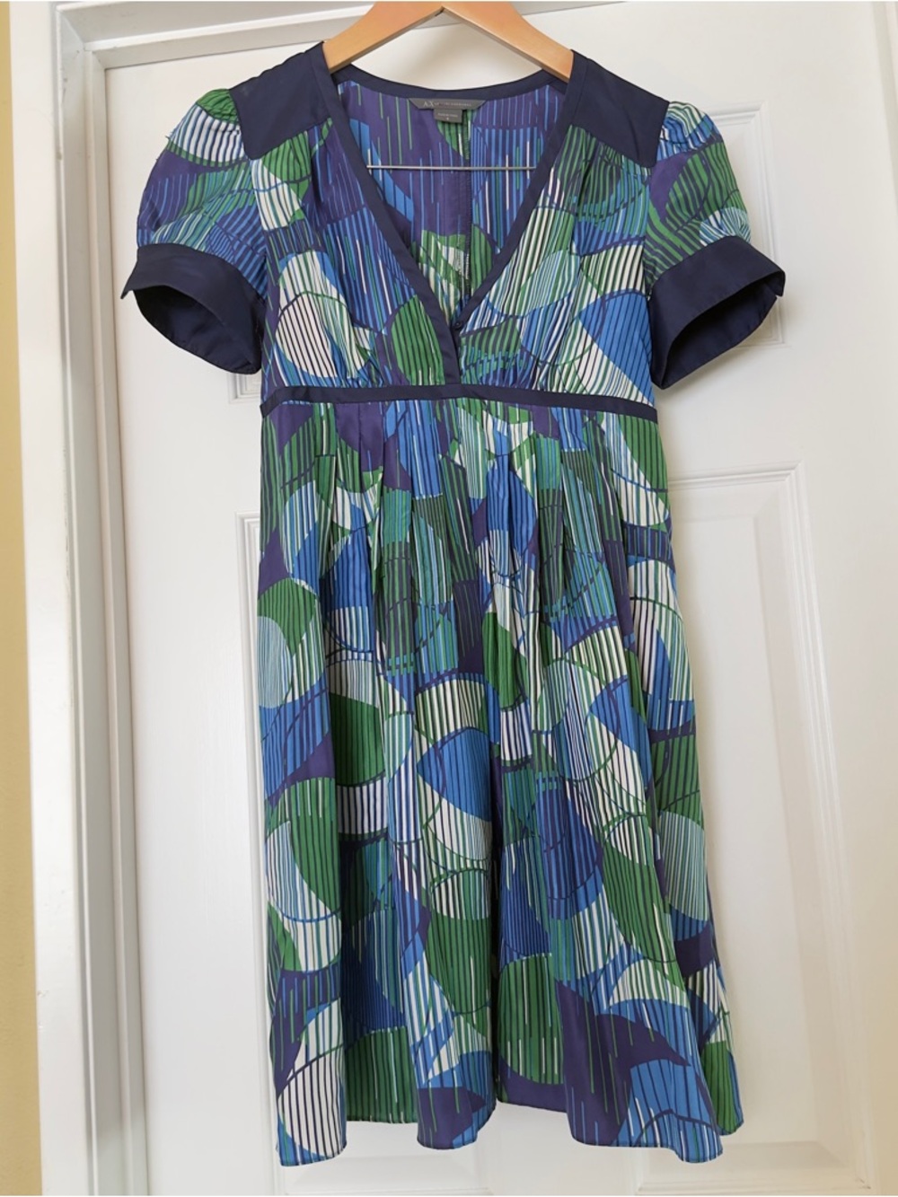 Armani Exchange 100% Silk Short Sleeve Navy Dress with Blue & Green Stripe Print